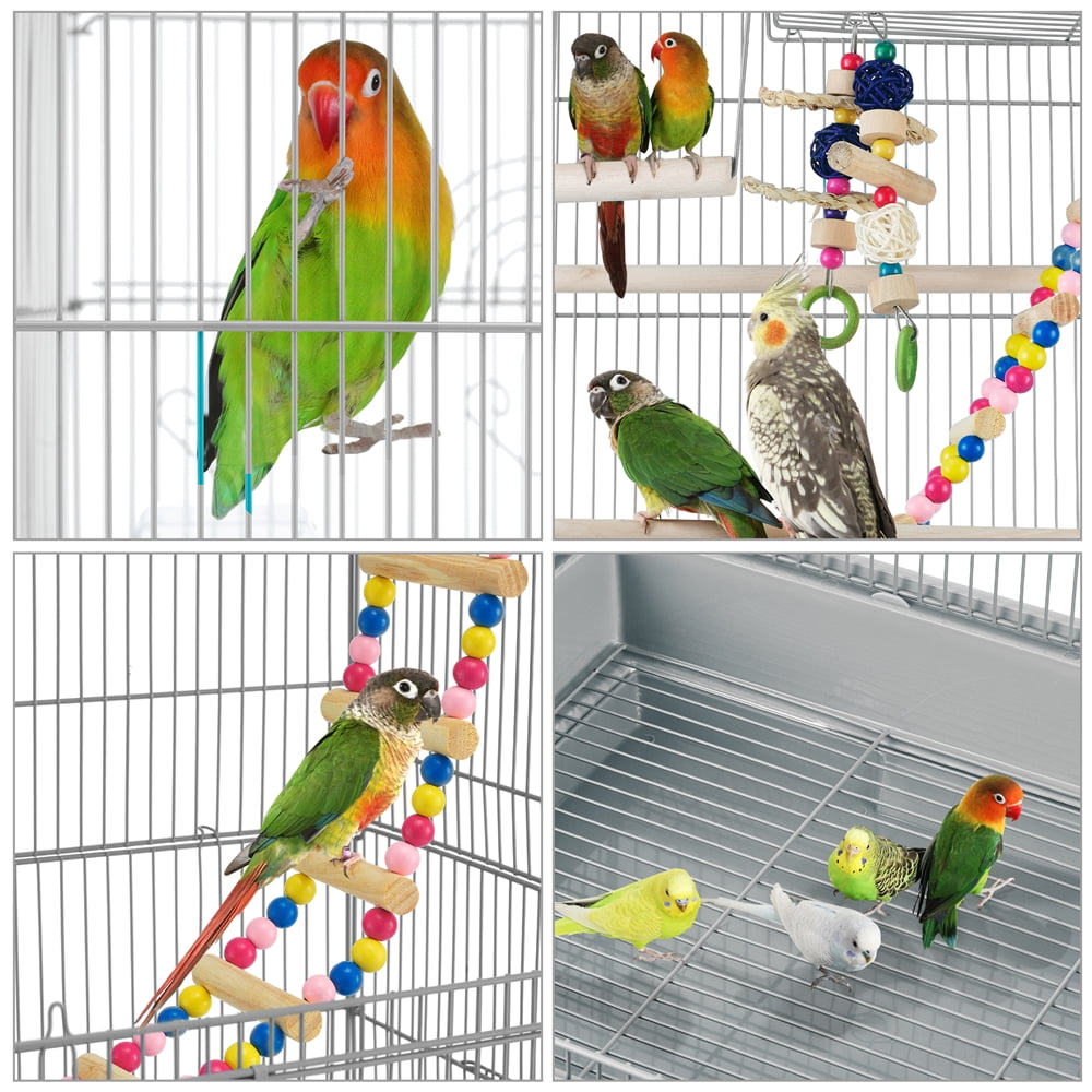 Alden Design 39"H Metal Large Roof Top Parrot Cage with Perches and Toys, Light Gray