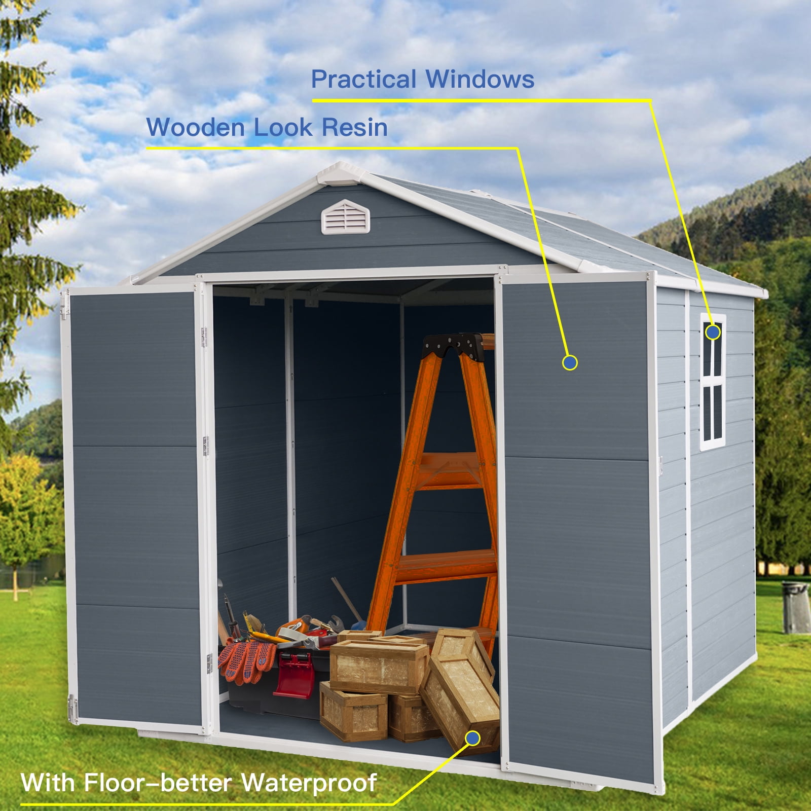Alvantor 8 x 6 Ft Resin Storage Shed with Floor Plastic Garden Shed with Window and Lockable Door for Backyard, Garden, Patio Grey