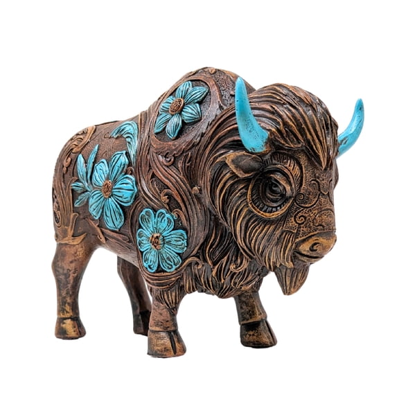 Bison Figurine with Tooled Turquoise Floral Carving Design–American Buffalo Resin Statue for Rustic Home Accents,Southwestern Decor,Western Animal Collectible,Wildlife Enthusiasts Gift