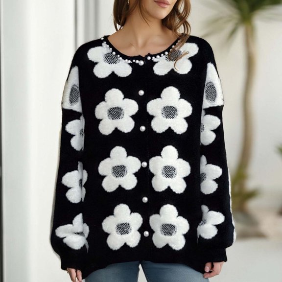 HCYSFG Womens Plus Size Floral Cardigan Sweater Round Neck Button Front Long Sleeve Relaxed Fit Textured Knit Casual Layering Tops