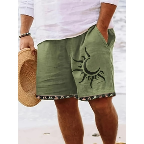 Men's Linen Shorts Casual Cotton Lightweight Elastic Waist Drawstring Summer Shorts with Pockets Green L