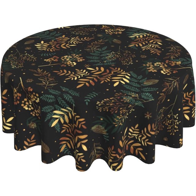 Nappe de Noël Feuille Verte Dorée Ronde 60 Pouces Feuilles de Plantes Vintage Botanique Nappe Décorative Lavable Résistante aux Plis et aux Taches Polyester Ferme Vacances Noire pour Fête Dîner