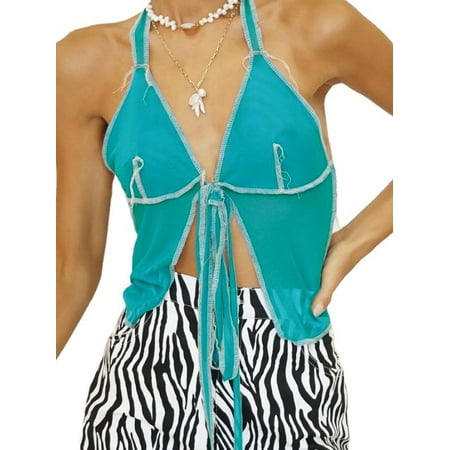 

MISOWMNJOY Women Halter Crop Cami Tops Sleeveless Sheer Mesh Patchwork Camisole