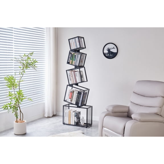 Black 5 Tier Metal Geometric Bookcase Modern Narrow Wall Mounted Space Saving Organizer for Living Room Bedroom Office Corner