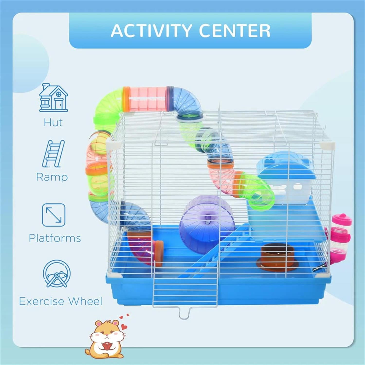 Kadyn 18" Large Hamster Cage, Gerbil Cage with Exercise Wheel, Water Bottle and Play Tubes for Syrian Gerbil, 2 Tiers Small Animal Habitats, Blue
