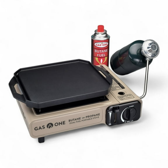 GasOne GS-3400P-KIT Propane or Butane Gas Stove with Flat Top Griddle Included – Dual Fuel Propane Grill Tent Stove Burners for Cooking for Camping, Kitchen – Diecast Aluminum with Non Stick Coating