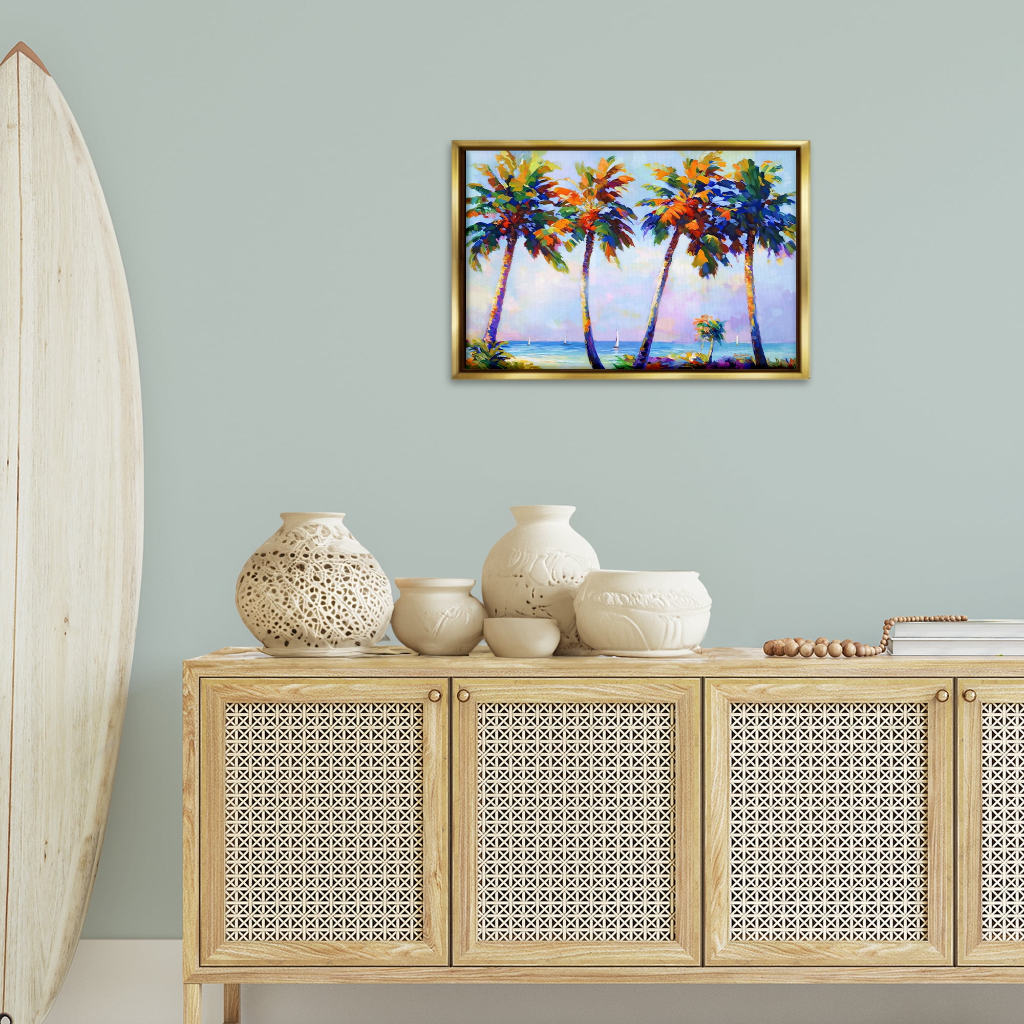 Stupell Industries Palm Trees in Sun Warmth Landscape Painting Gold Floater Framed Canvas Art Print Wall Art, 25 x 17