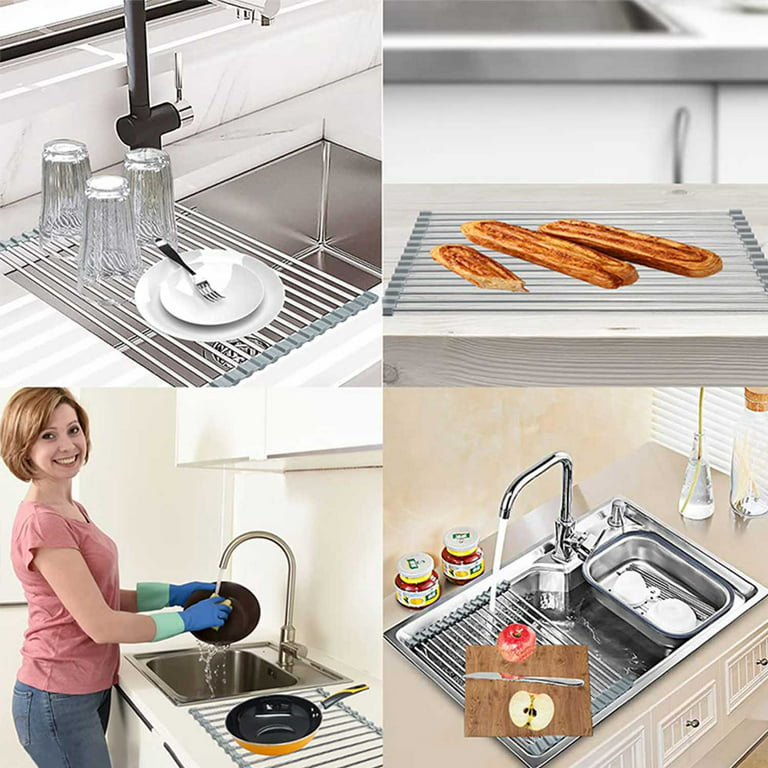 HKEEY Roll Up Dish Drying Rack, Over The Sink Dish Rack Foldable,  Heat-Resistant, Anti-Slip Silicone Coated Steel Dish Drainer for Kitchen  Sink