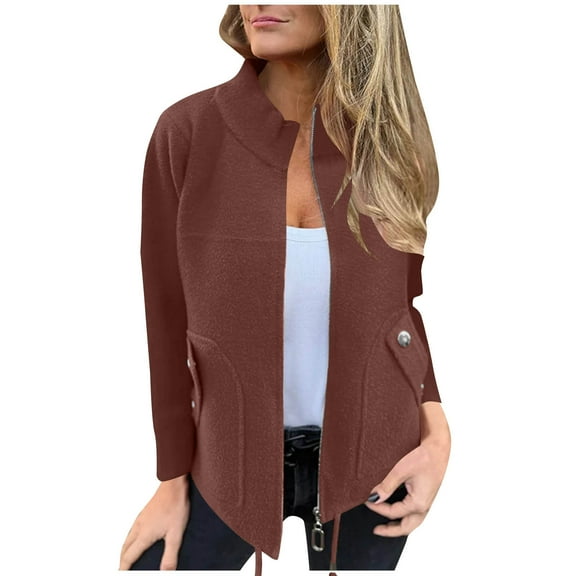 Hjlmsx Wool Pea Coat for Women Stand Collar Zip Up Lightweight Jackets Fall WInter Casual Long Sleeve Open Front Outwear Trench Coat with Pockets Brown XXL
