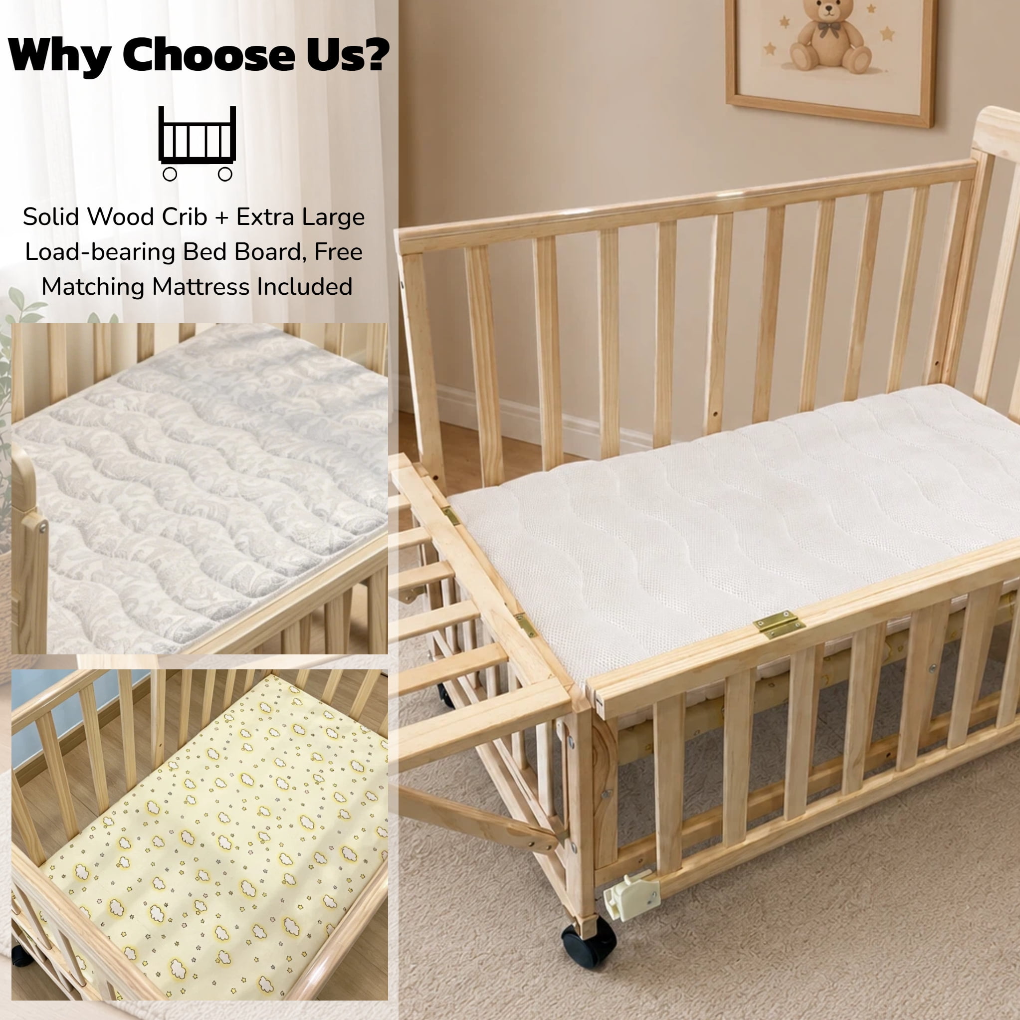 Mintazer Convertible Kids Crib with Height Adjustable, Bedside Bassinet with Lockable Wheels & Mattress, Extendable Rocking Cradle for Newborn to Toddler, Natural