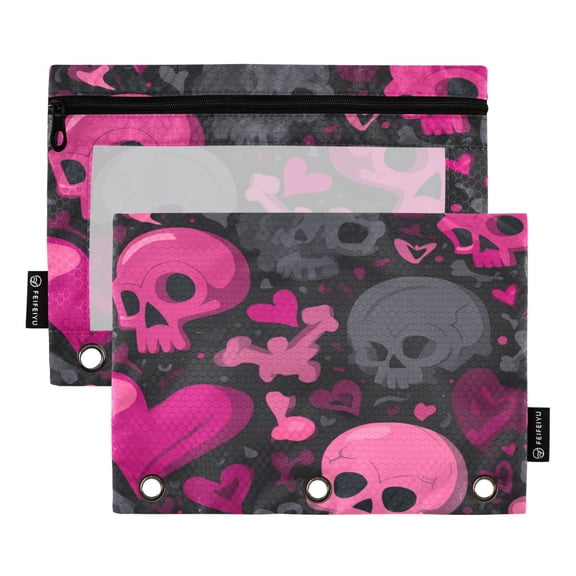 2 Pack 3 Ring Binder Pouch with Clear PVC Window Water Resistant Zipper Pencil Pouch Pink and Black Skulls Binder Pocket for Classroom Office Home Stationery Organization