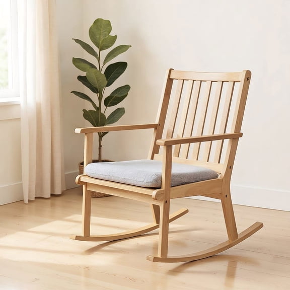 Resenkos Rocking Chair with Cushion, Solid Rubber Wood Rocker with Padded Seat for Living Room, Bedroom, Natural