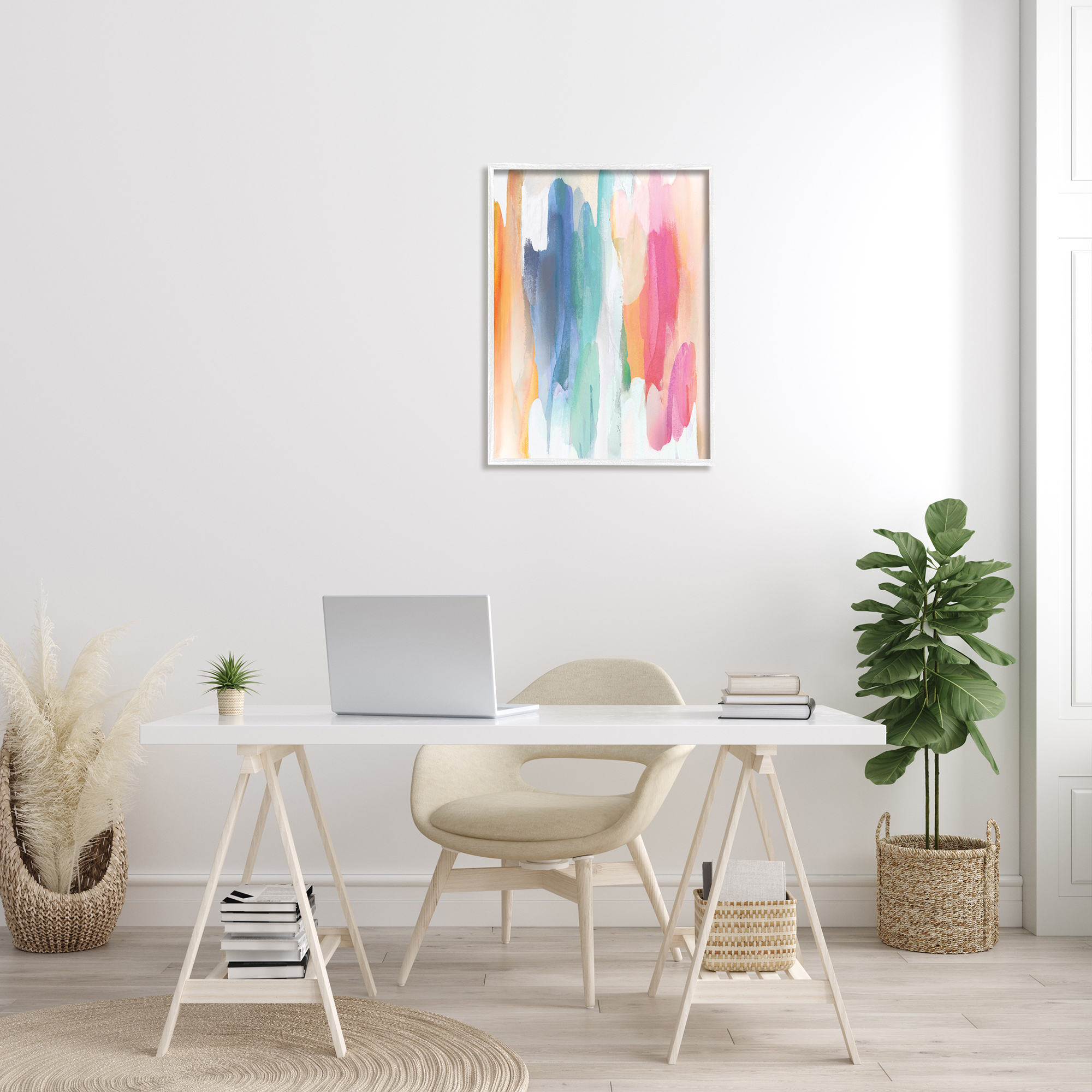 Stupell Industries Faded Rainbow Tones Layered Shape Abstraction Graphic Art White Framed Art Print Wall Art, 24x30, by Jackie Hanson