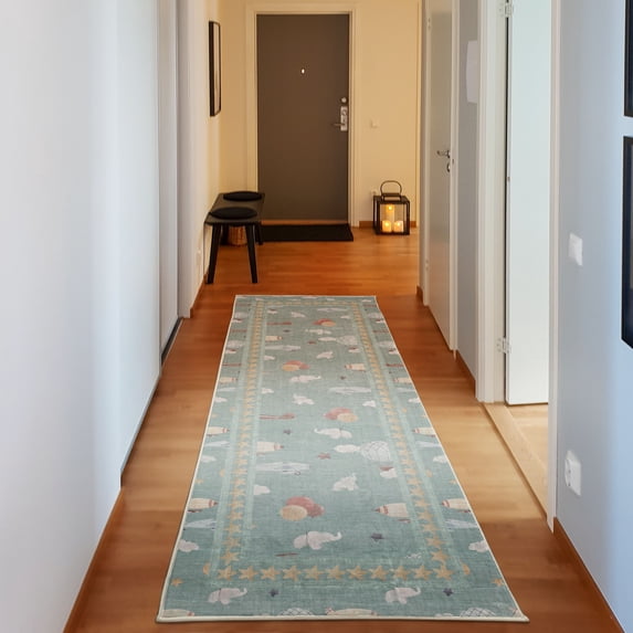 Cartoon Decorative Rug, Vintage Air Planes Hot Air Balloons Flying Happy Animal Clouds and Stars, Quality Carpet for Bedroom Dorm and Living Room, 6 Sizes, Mint Green, by Ambesonne