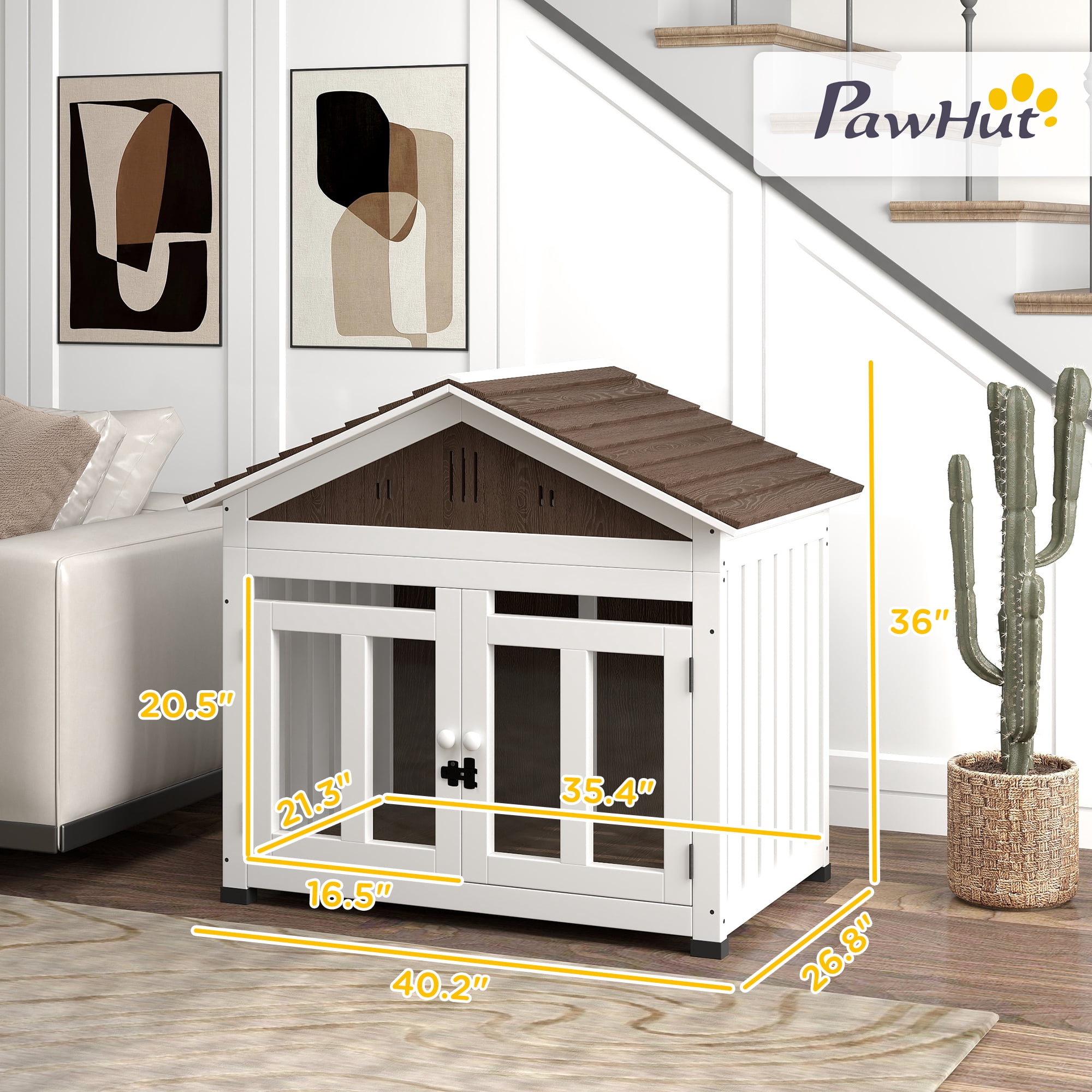 PawHut 40"L Dog House Outdoor Indoor, Wooden Dog Kennel for Small, Medium, Large Dogs, with Air Vents & Elevated Removable Floor, Magnetic Doors