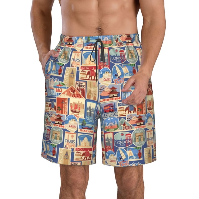 Fotbe Set Of Travel Vintage Trajes de Baño Estampados para Hombre, Shorts de Verano de Secado Rápido, Ropa de Playa, Bañadores-X-Large