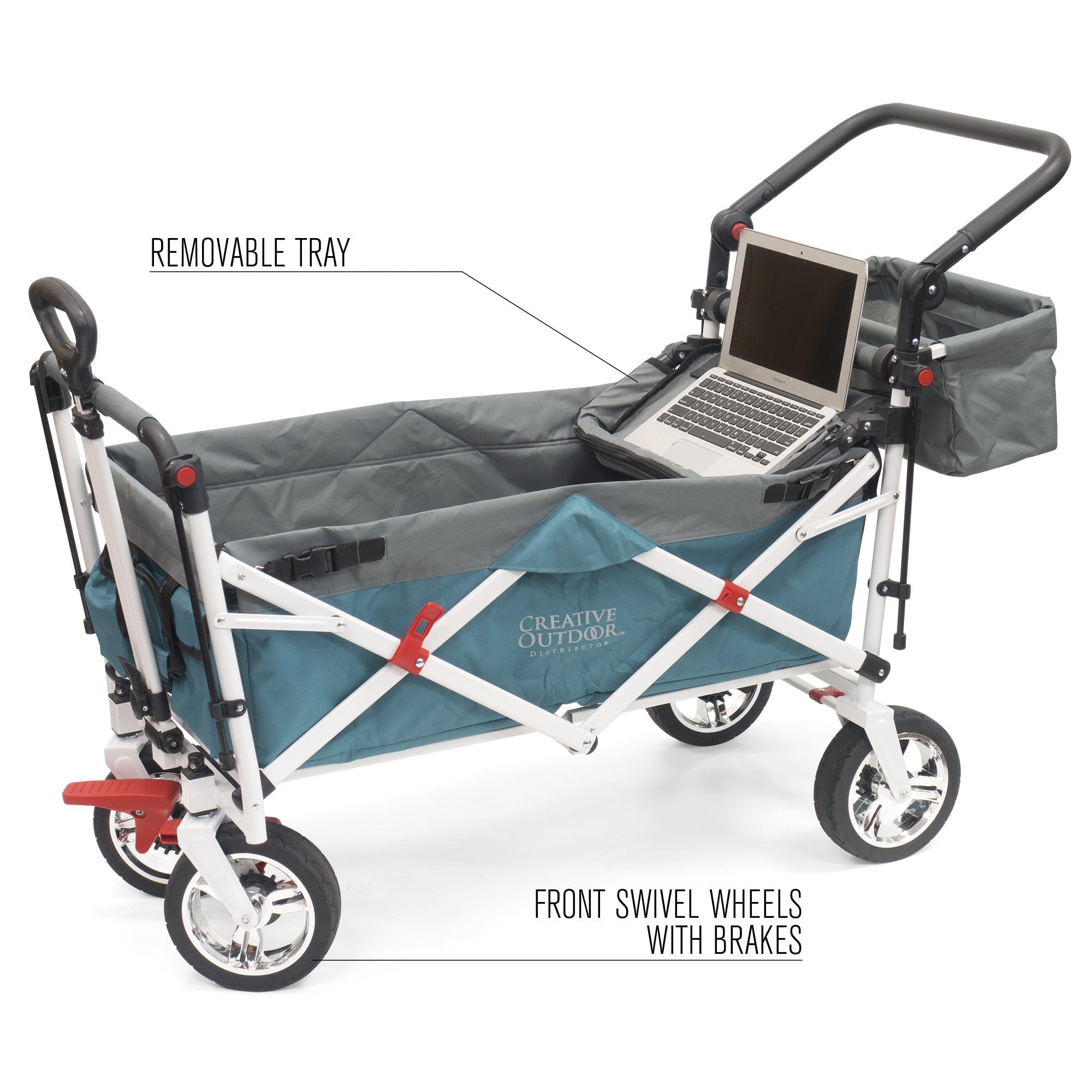 CREATIVE OUTDOOR Push-Pull Collapsible Folding Wagon Stroller Canopy w/ Removable Cooler, Silver Series, Teal/Gray