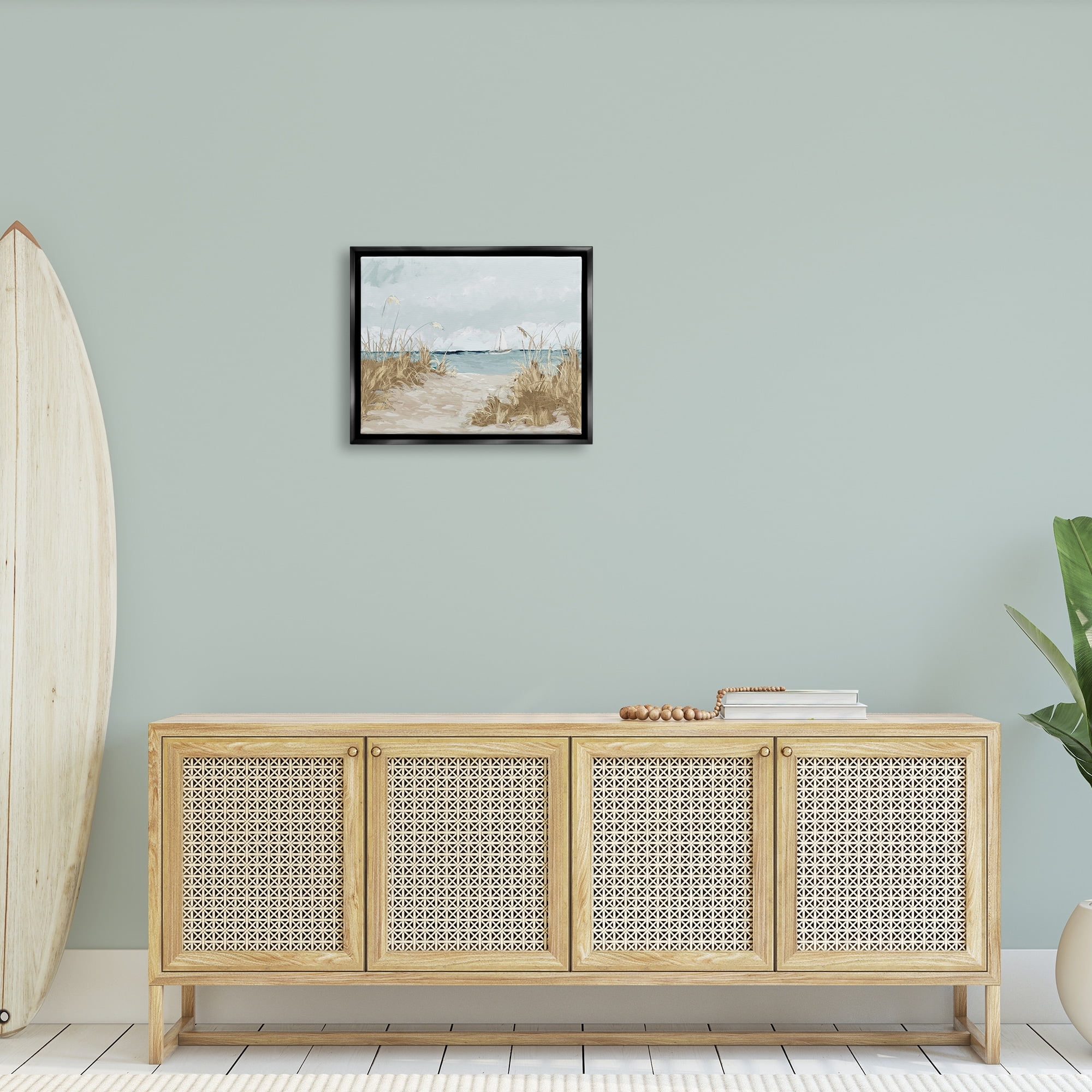 Stupell Industries Sandy Beach Walkway Distant Sailboats Floating Sea Painting Jet Black Floating Framed Canvas Print Wall Art, Design by Julie Derice
