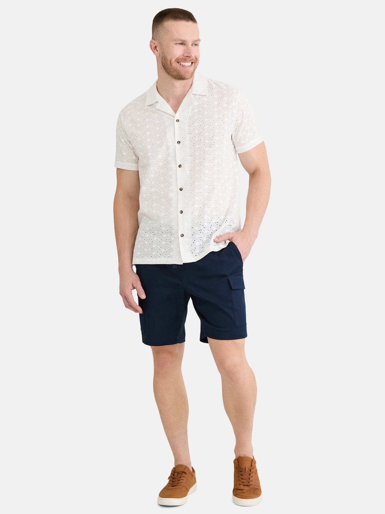 Fly By Night Men’s and Big Men’s Embroidered Cotton Eyelet Button Up Shirt with Short Sleeves, Sizes S-3XL
