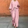 thumbnail image 2 of Summer Fall Outfits For Women 2 Piece Cotton Linen Set Plus Size Shirts Wide Leg Pants Tracksuit Collared V Neck Casual Loose Trendy Suit Set,Pink,S, 2 of 3