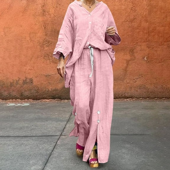Women's 2 Piece Outfits Cotton Linen Loungewear Button Down Tops Drawstring Wide Pants Set with Pockets Long Sleeve Solid Color Casual Tracksuit (Pink S)