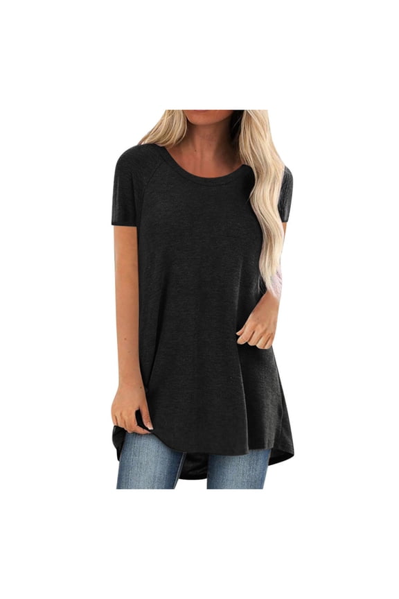 Women Fashion Plus Size Round Neck Short Sleeved Long T-shirt Blouse Black XXXL
