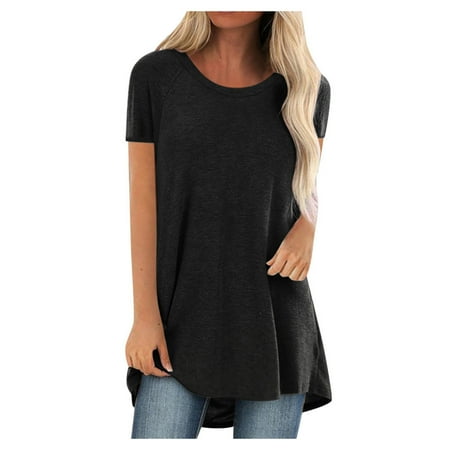 JUUYY Tunic Tops for Women Casual Plus Size Short Sleeve Round Neck Solid Color Long T-Shirts Loose Flowy Comfy Pullover Blouse for Leggings Black XL