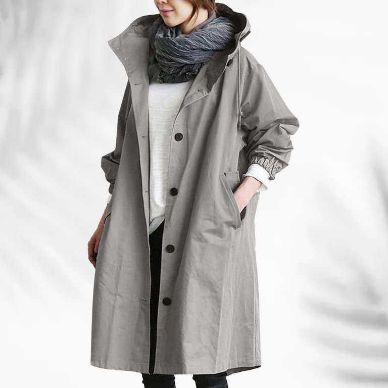 XIAQUJ Trench Coats for Women Loose Comfortable Hooded Coat Elegant  Windbreaker Wild Winter Outwear with Pockets Grey L