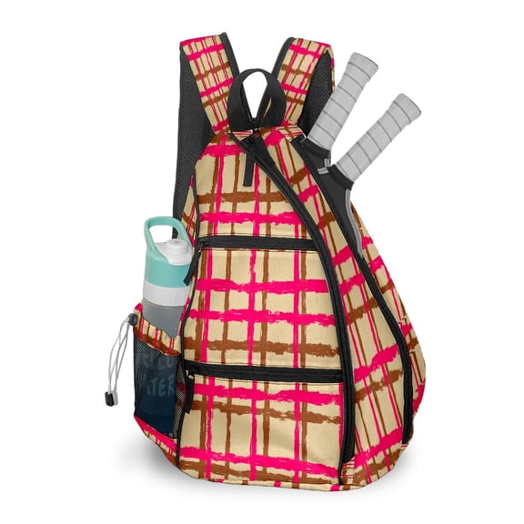 Pickleball Bag with Padded Back, Pink Brown Plaid Multi-Compartment Paddle Backpack, Lightweight Nylon Sports Bag for Men & Women