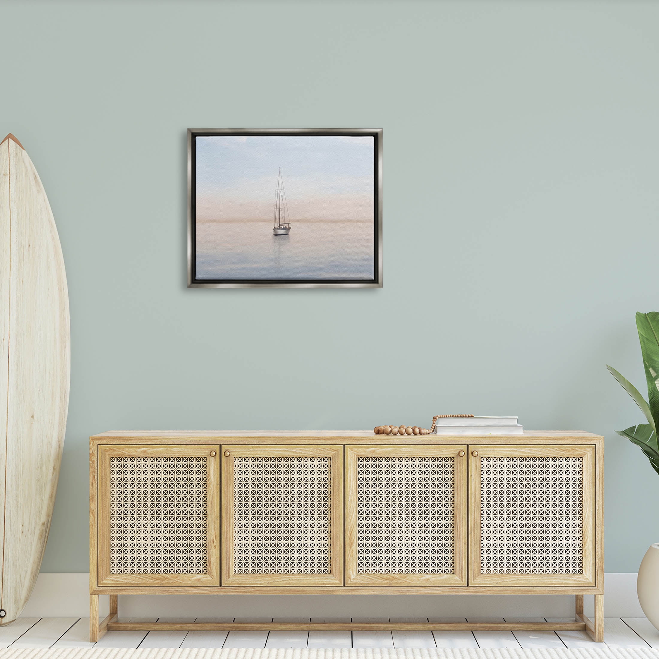 Stupell Industries Tranquil Boat Sunset Reflection Graphic Art Luster Gray Floating Framed Canvas Print Wall Art, Design by Elizabeth Medley