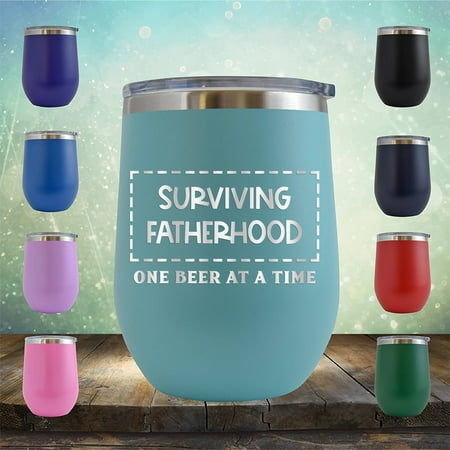 

Surviving Fatherhood One Beer At A Time - Engraved 12 oz Teal Wine Cup Unique Funny Birthday Gift Graduation Gifts for Men or Women Fathers Day Dad Papa Pops best buckin