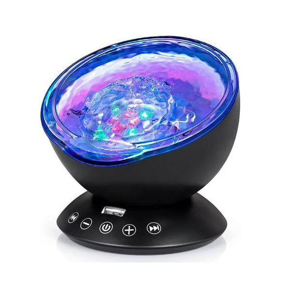 Kids LED Night Light Projector with Ocean Waves and Remote Control, Hypnotic Music, 7 Flashing Modes, Ideal for Children's Bedroom, Christmas Gift (Black)