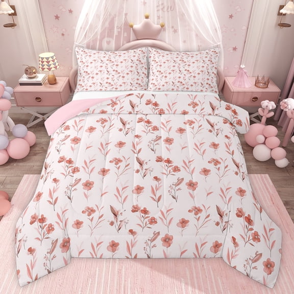 Castle Fairy Boys Girls Pink Flower Twin Comforter Sets,Floral Leaves Bedding Set