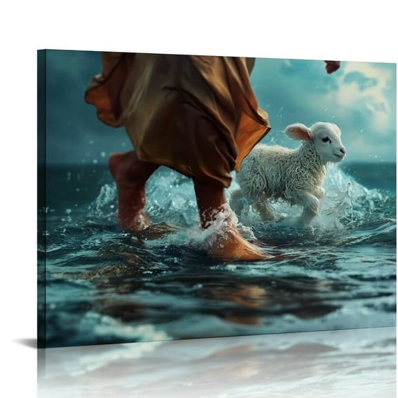 Jesus and lamb Walk on Waterwall art decor Christian wall art, Jesus Canvas Wall Art Print ，Jesus Decorations Religious Christian Gifts for Church Prayer Room Living Room Home Decor Gift Wooden Framed