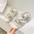 thumbnail image 4 of GiLiling Girls Rhinestone Butterfly Pearl Sandals, Princess Dress Shoes, Adjustable Strap Soft Sole Non Slip Flats for Summer (Silver, 8-9 Years), 4 of 9