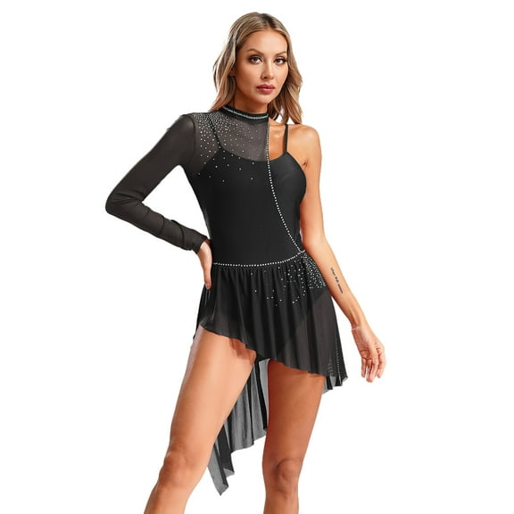 iiniim Lyrical Dance Costume One Shoulder Modern Contemporary Dress Dancewear for Women Girls Black M