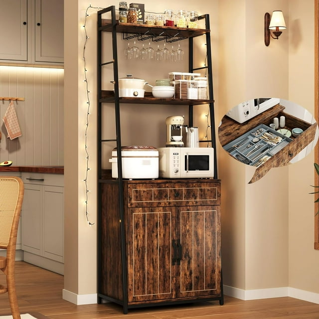 70.8" Bakers Rack with Drawer & Cabinet, Industrial Kitchen Stand with Storage — Freestanding Large Microwave Storage Stand for Living Room/Bar