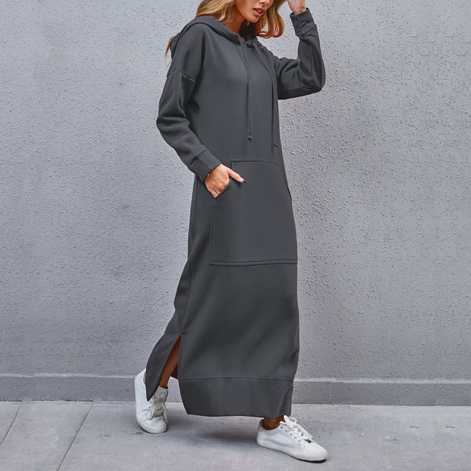 Yoolin Womens Long Fleece Maxi Pullover Sweatshirt Dresses Baggy Hooded Sweat Shirt Robe Dress with Pockets