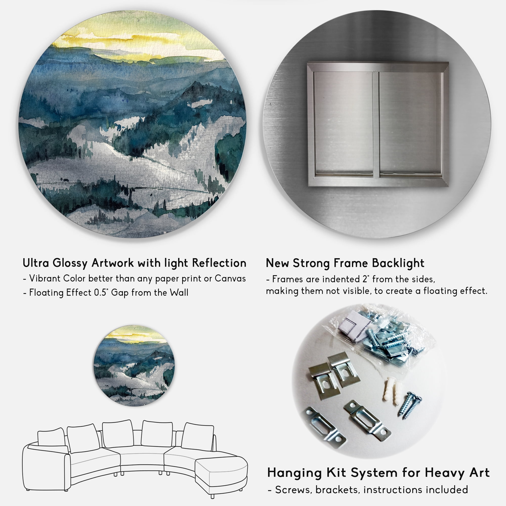 Designart 'Dark Mountains Watercolor' Landscape Painting Circle Metal Wall Art