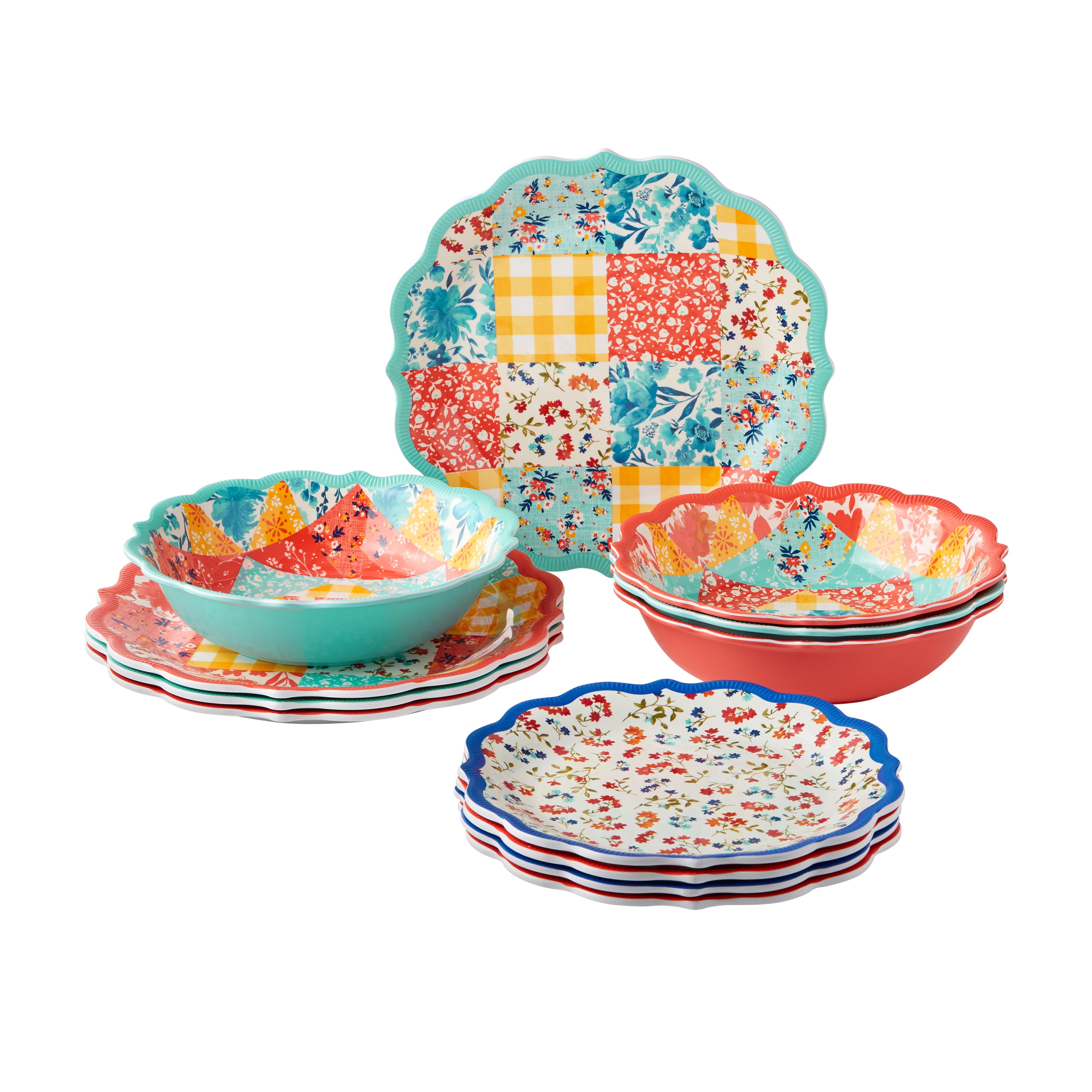 The Pioneer Woman Patchwork Medley 12-Piece Melamine Dinnerware Set ...