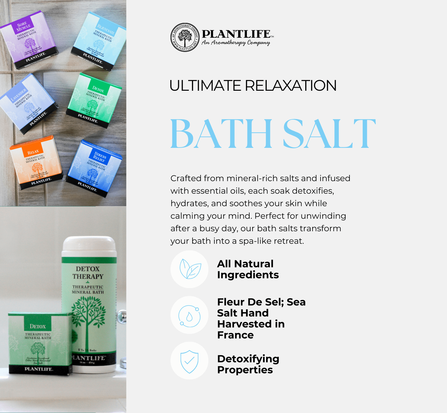 Plantlife Bath Salt 4-Pack – Natural Aromatherapy Mineral Soaks for Relaxation and Recovery, Made in California, 3 oz Each