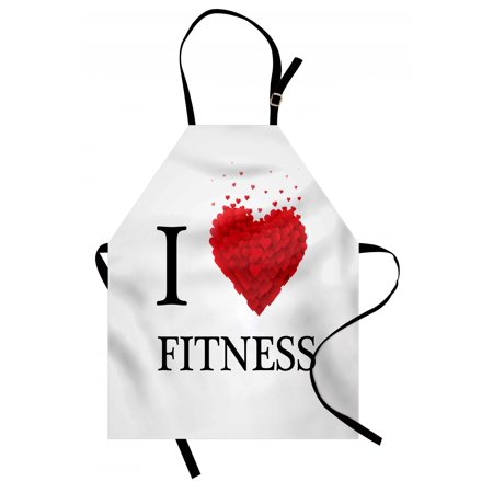 Fitness Apron I Love Fitness Modern Font Type with Romantic Hearts Graphic Stylized Design, Unisex Kitchen Bib Apron with Adjustable Neck for Cooking Baking Gardening, Black White Red, by