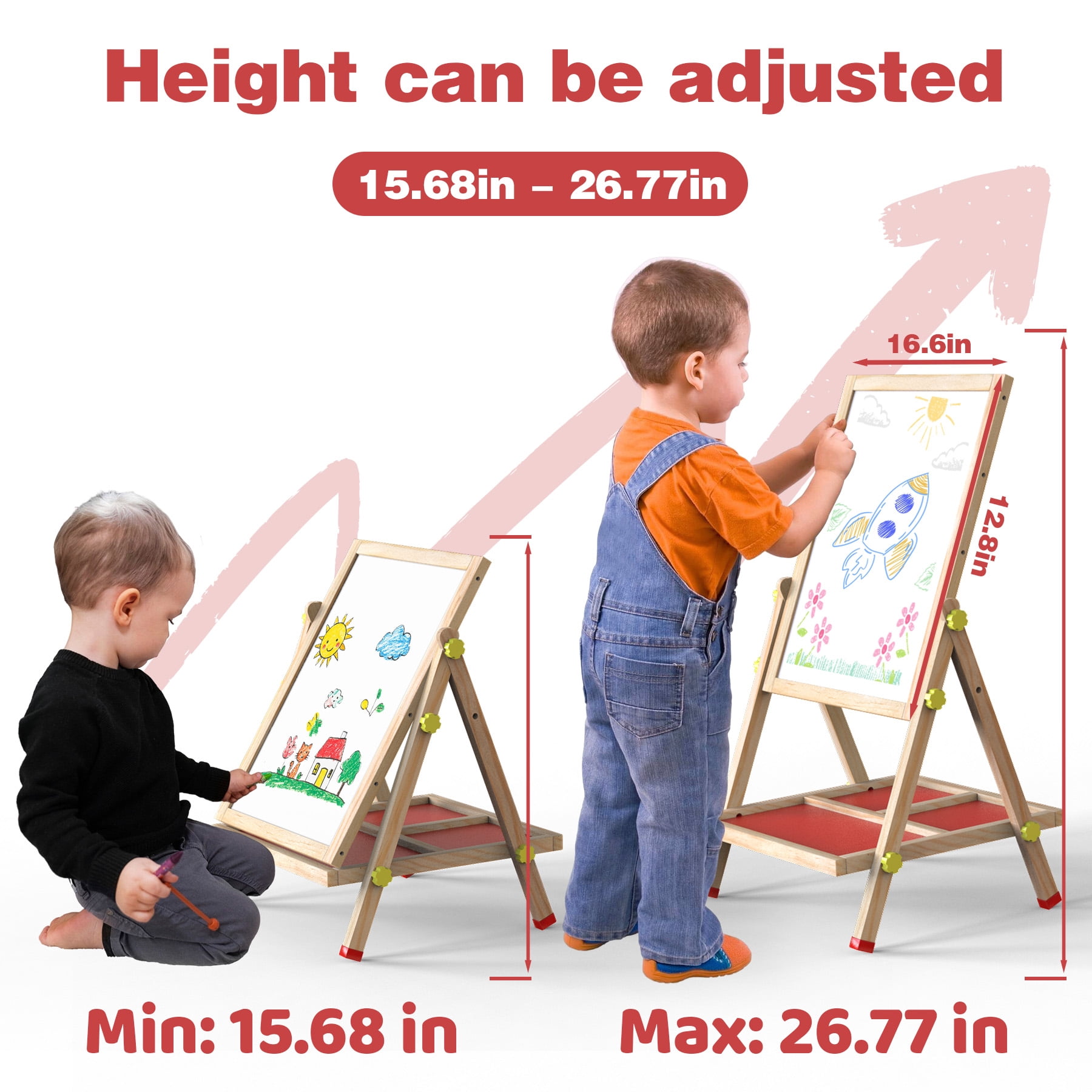 JOYOOSS 3-in-1 Kids Easel with Chalkboard & Whiteboard, Wooden Toddler Art Easel for Ages 4-12, Adjustable Magnetic Drawing Board with Markers & Eraser 105-Natural