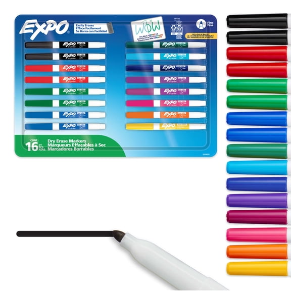 EXPO Dry Erase Markers, Low Odor Ink, Assorted Colors, Fine Tip, 16 Count