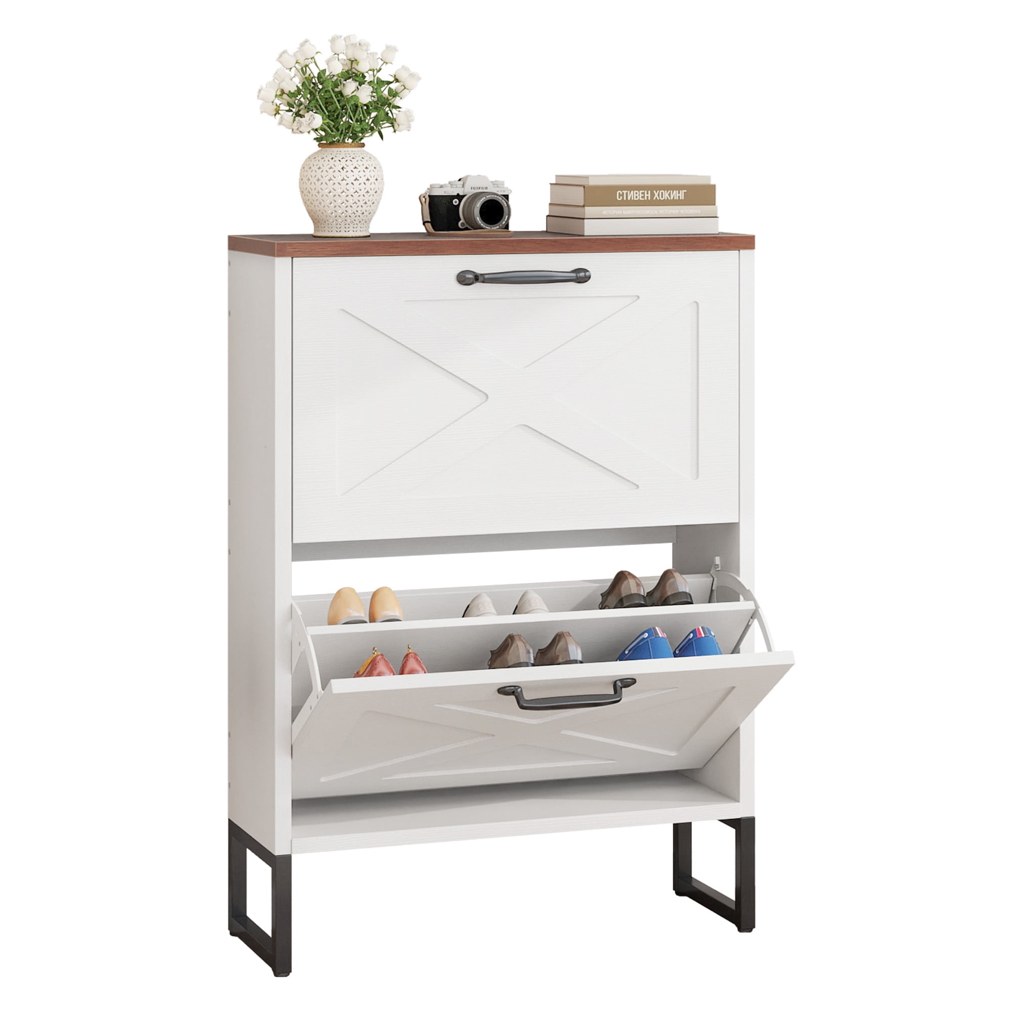 Uforic Shoe Cabinet with 2 Flip Drawers, Free Standing Shoe Racks Storage Cabinet with Metal Legs , Famhouse Shoe Rack Organizer Narrow Closet for Entryway Hallway,White