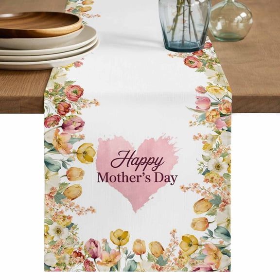 Mother's Day Table Runner 72 Inches, Spring Watercolor Flowers Pink Love Heart Bed Runner Dresser Scarves Tabletop for Indoor Outdoor Parties/Ceremony/Banquet, 13" x 72"
