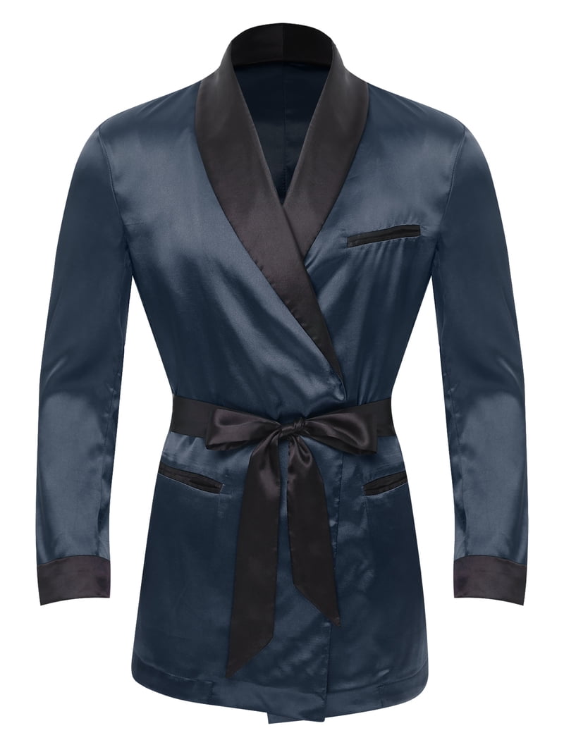 Eandarui Mens Satin Smoking Jacket with Belt Set Nightwear Fully Lined  Kimono Bathrobe Dressing Gown Navy Blue S - Walmart.com