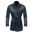 thumbnail image 3 of Zaldita Men's Smoking Jacket Satin Gown Robe Long Sleeve Short Kimono Smoking Robe Coat with Belt Navy Blue S, 3 of 7