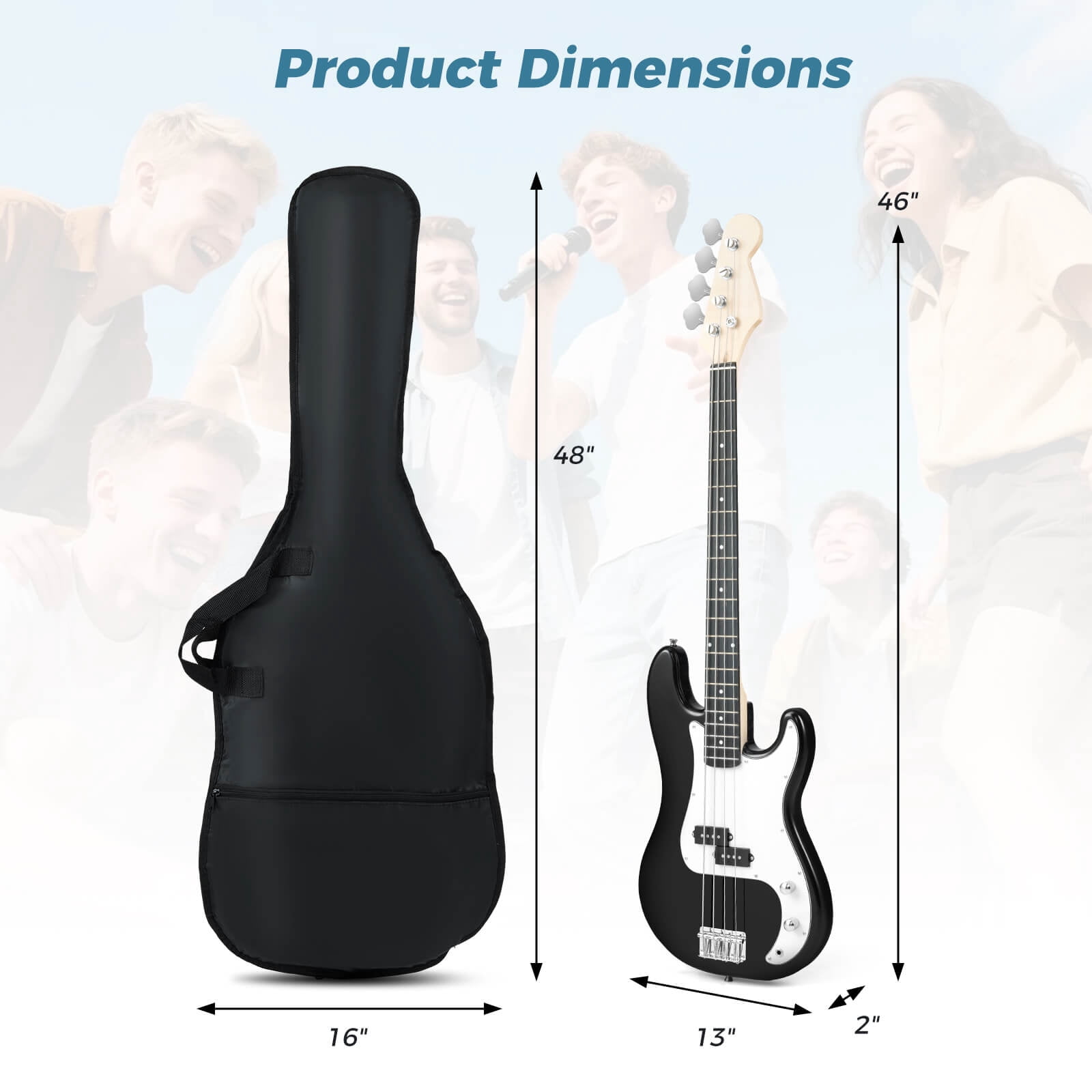 Costway 45.5” Electric Bass Guitar with Double Pickups, Open-gear Tuning, Gig Bag, Rope Black + White