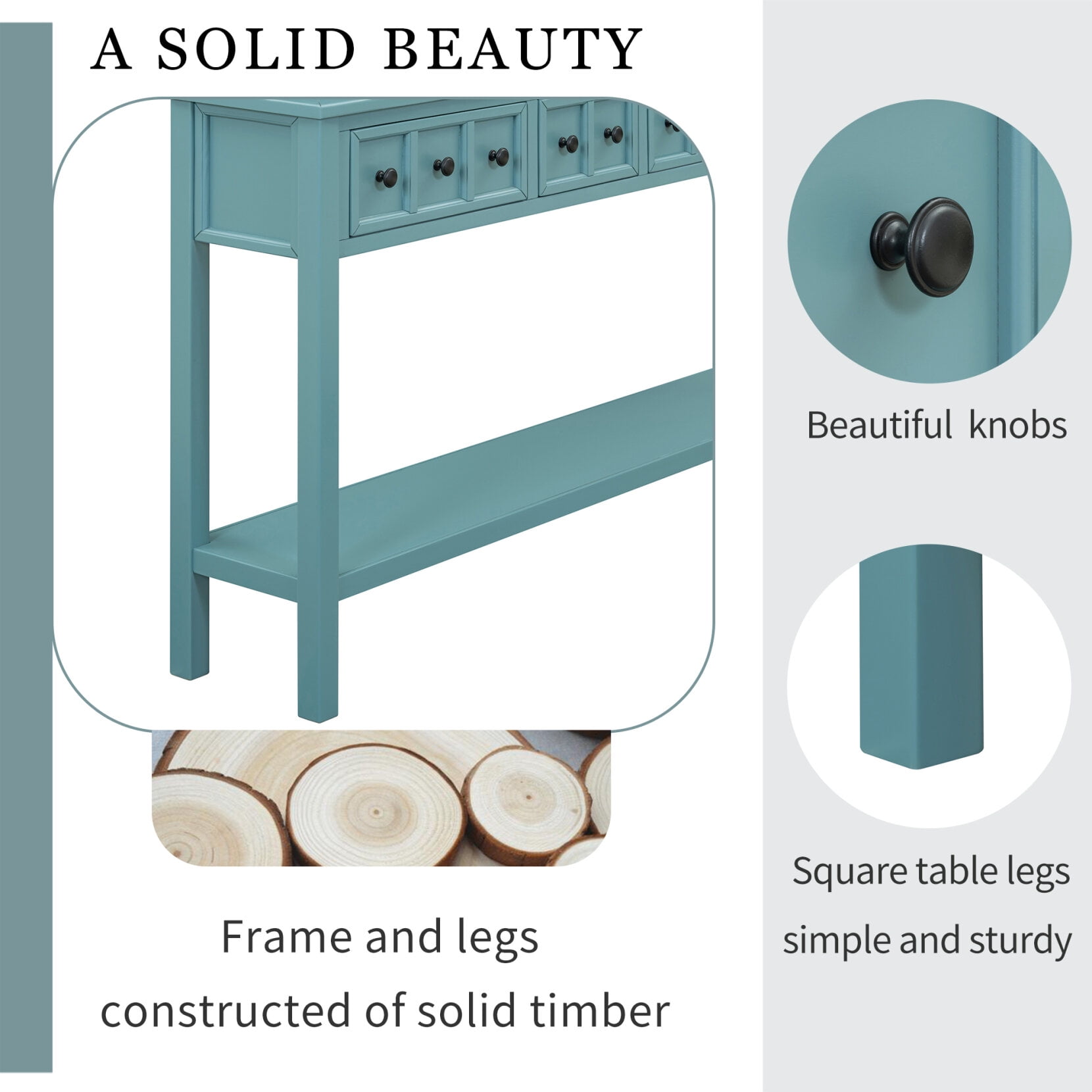 Console Table, Console Tables for Entryway with 4 Drawers and Open Storage Shelf, 60" Long Sofa Table in Solid Wood, Narrow Console Table for Living Room, Couch, Hallway, Foyer, Kitchen Counter, Green